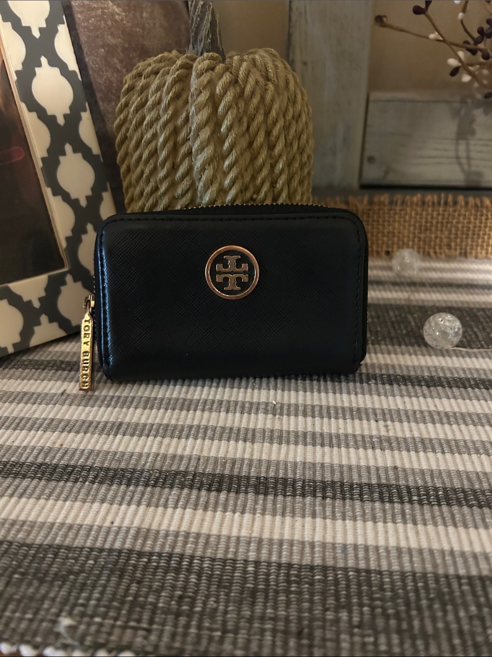 Tory Burch Black Zip Card Case with Gold Logo Accent
